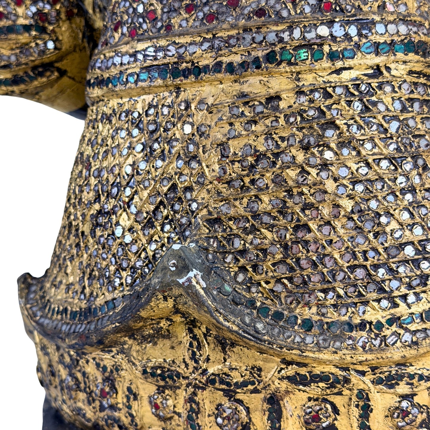 Burmese Mandalay Buddha in gilt teak with glass mosaic, gallery view