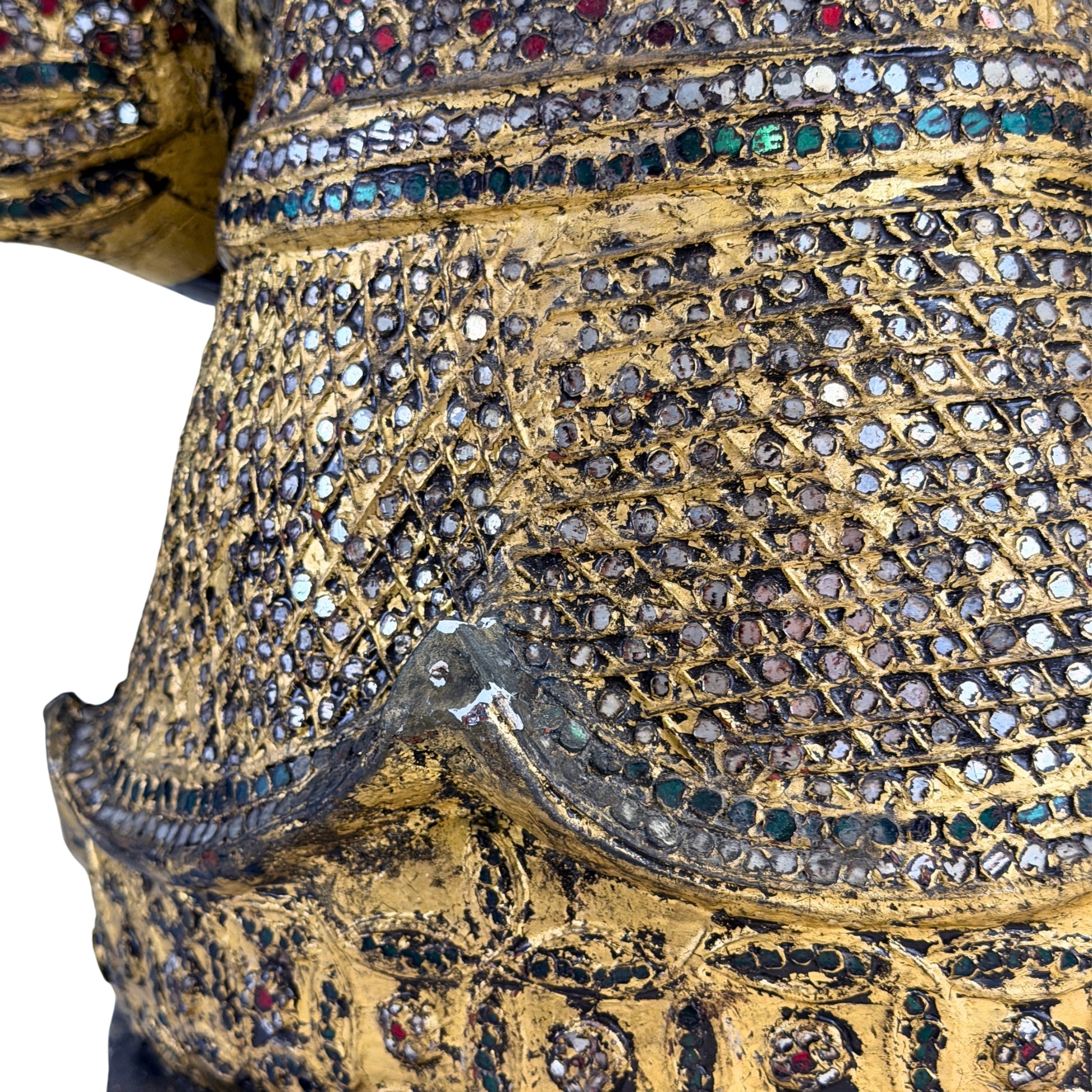 Burmese Mandalay Buddha in gilt teak with glass mosaic, gallery view