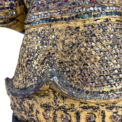 Burmese Mandalay Buddha in gilt teak with glass mosaic, gallery view