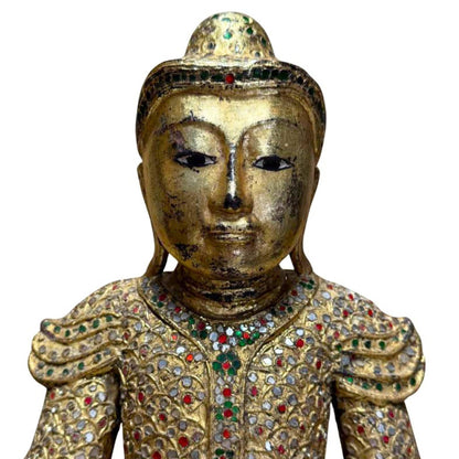 Burmese Mandalay Buddha – Gilt Wood & Glass, ca. 1900–1940, 47 cm – close view of the upper section