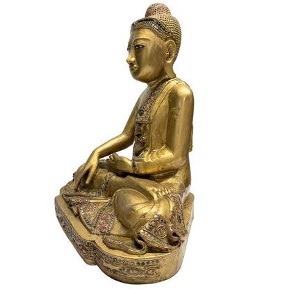 Burmese Mandalay Buddha – Gilt Wood with Glass Inlay, 44 cm – close view of the central details
