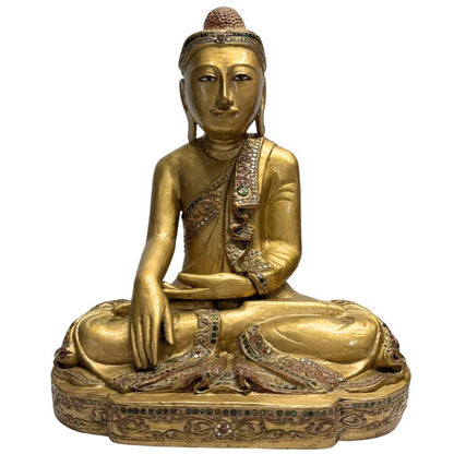 Burmese Mandalay Buddha – Gilt Wood with Glass Inlay, 44 cm – front view