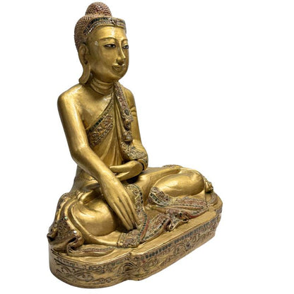 Burmese Mandalay Buddha – Gilt Wood with Glass Inlay, 44 cm – three-quarter front view