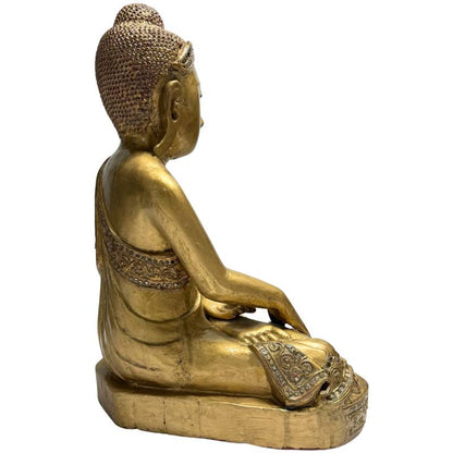Burmese Mandalay Buddha – Gilt Wood with Glass Inlay, 44 cm – left three-quarter rear view