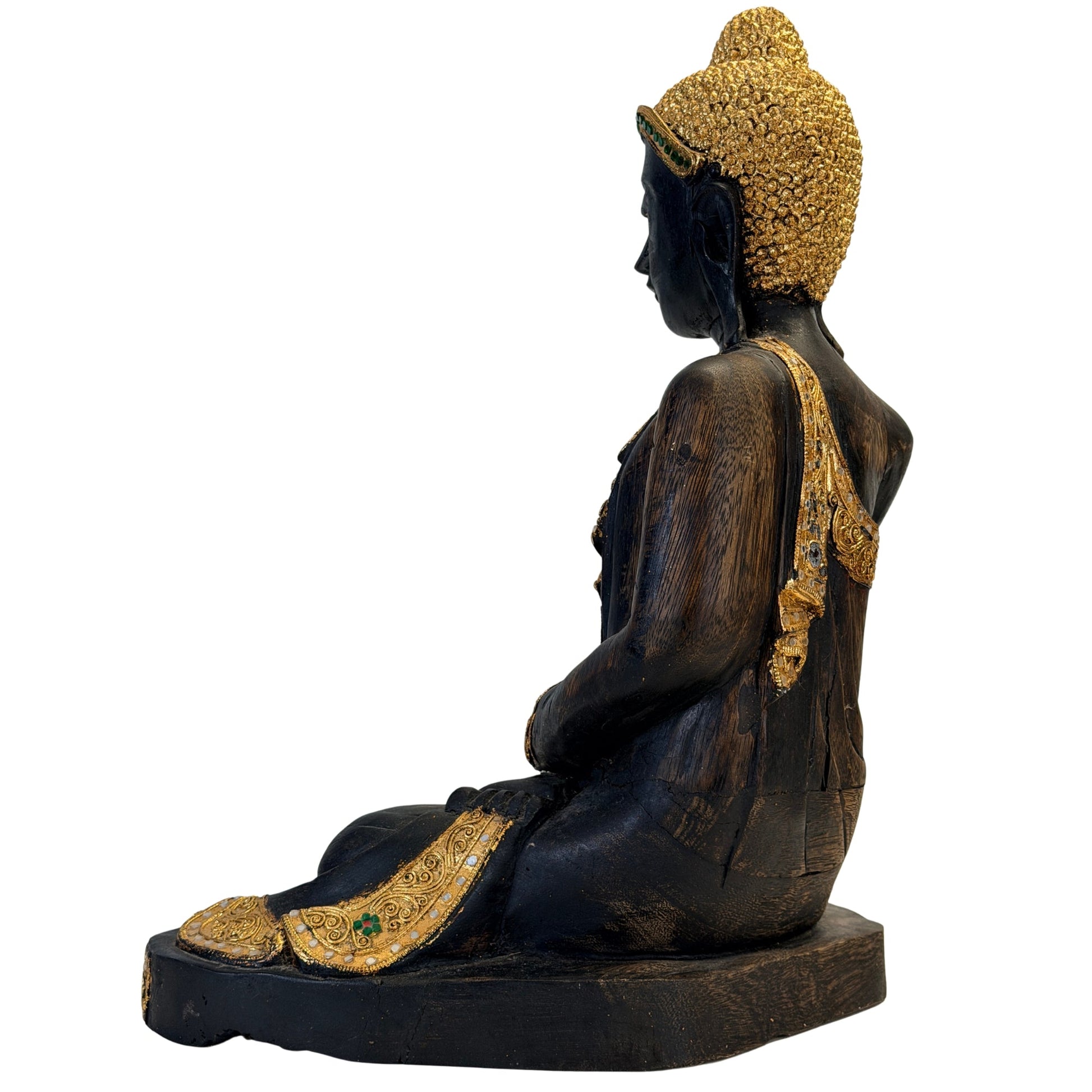 Left rear view of the antique Burmese Mandalay Buddha on its base