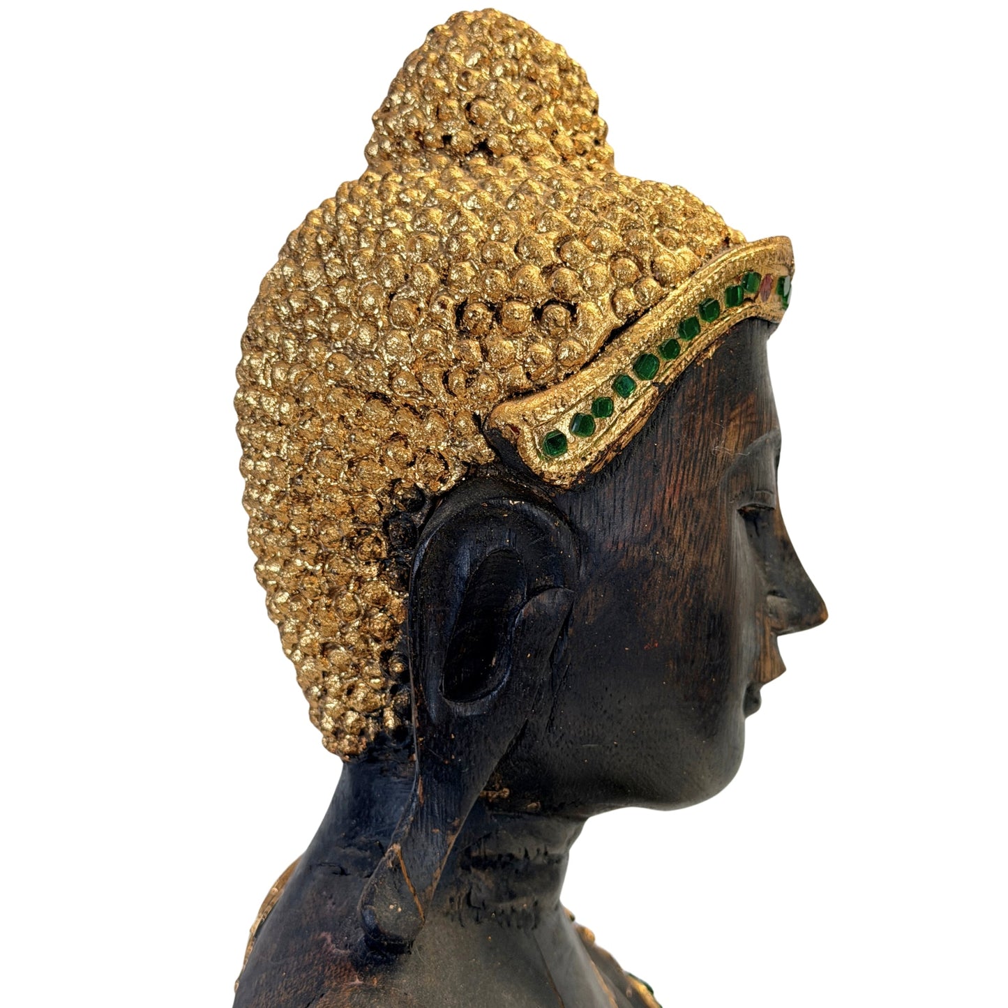 Rear three-quarter view of the antique Burmese Mandalay Buddha