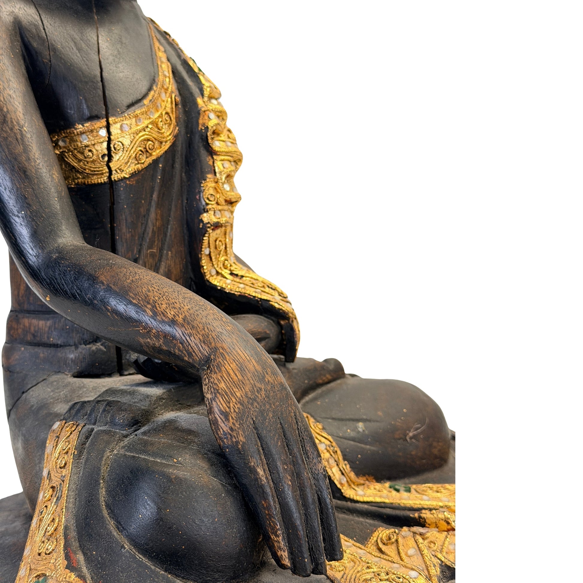 Right-side view of the seated antique Burmese Mandalay Buddha on its wooden base