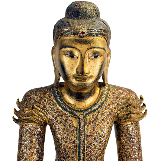 Mandalay Buddha from Burma with thayo ornament and historic gold leaf