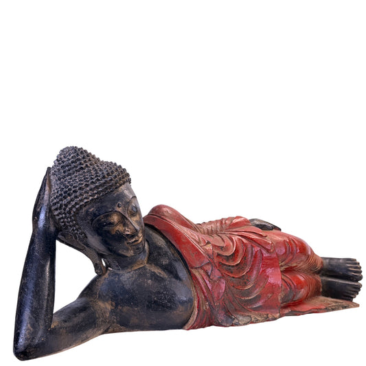 Burmese reclining Buddha with black lacquered body and red polychrome robe