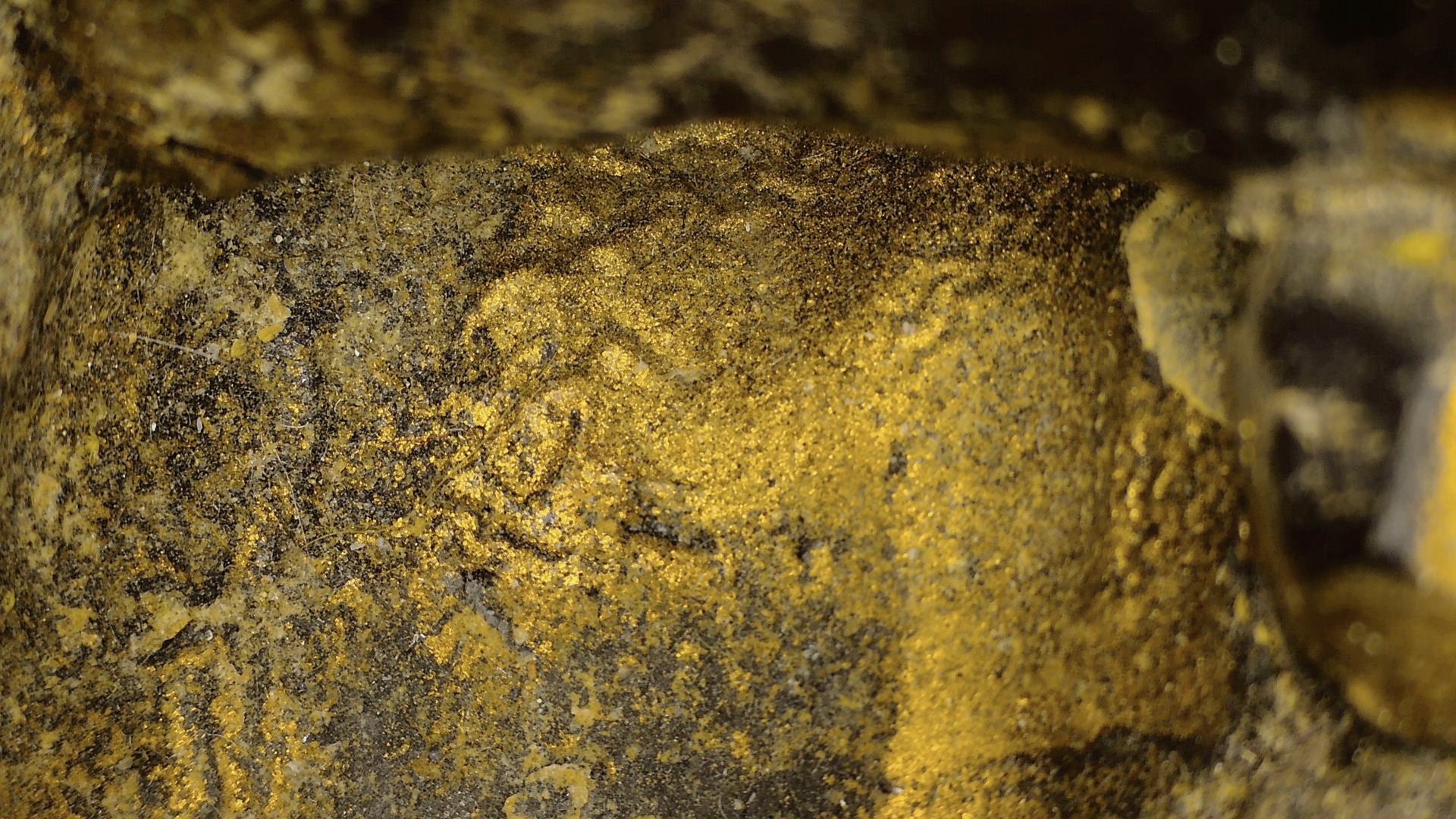 Microscopic detail of gilding remnants on the black lacquer of the Burmese reclining Buddha