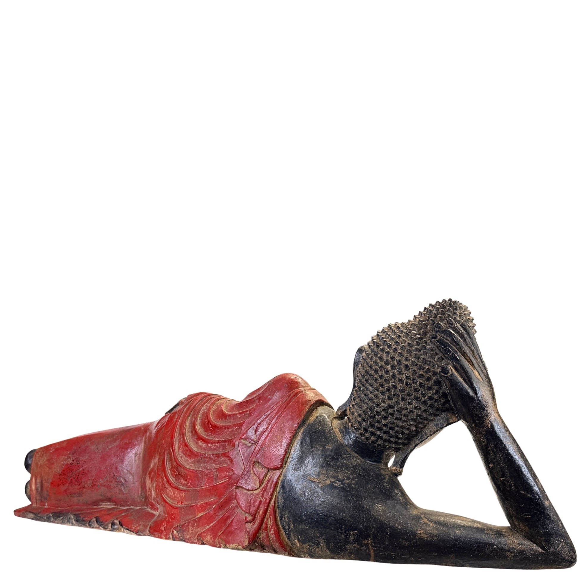 Rear surface showing black lacquer and red polychrome on the Burmese reclining Buddha