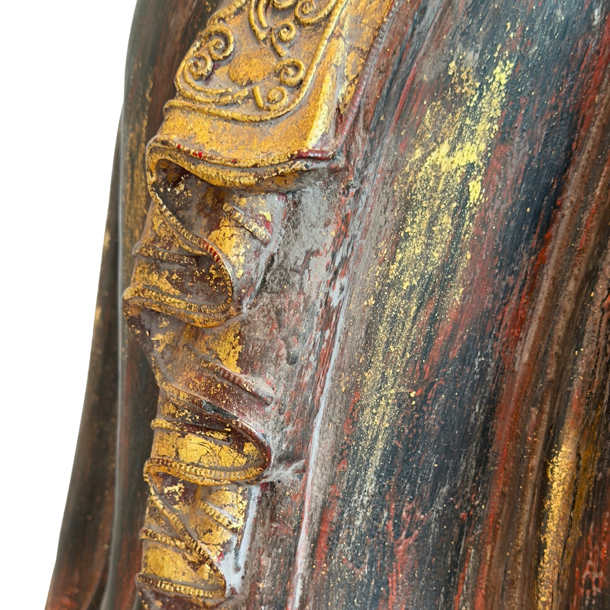 Decorated carved robe with surviving gilding on the antique Burmese standing Buddha