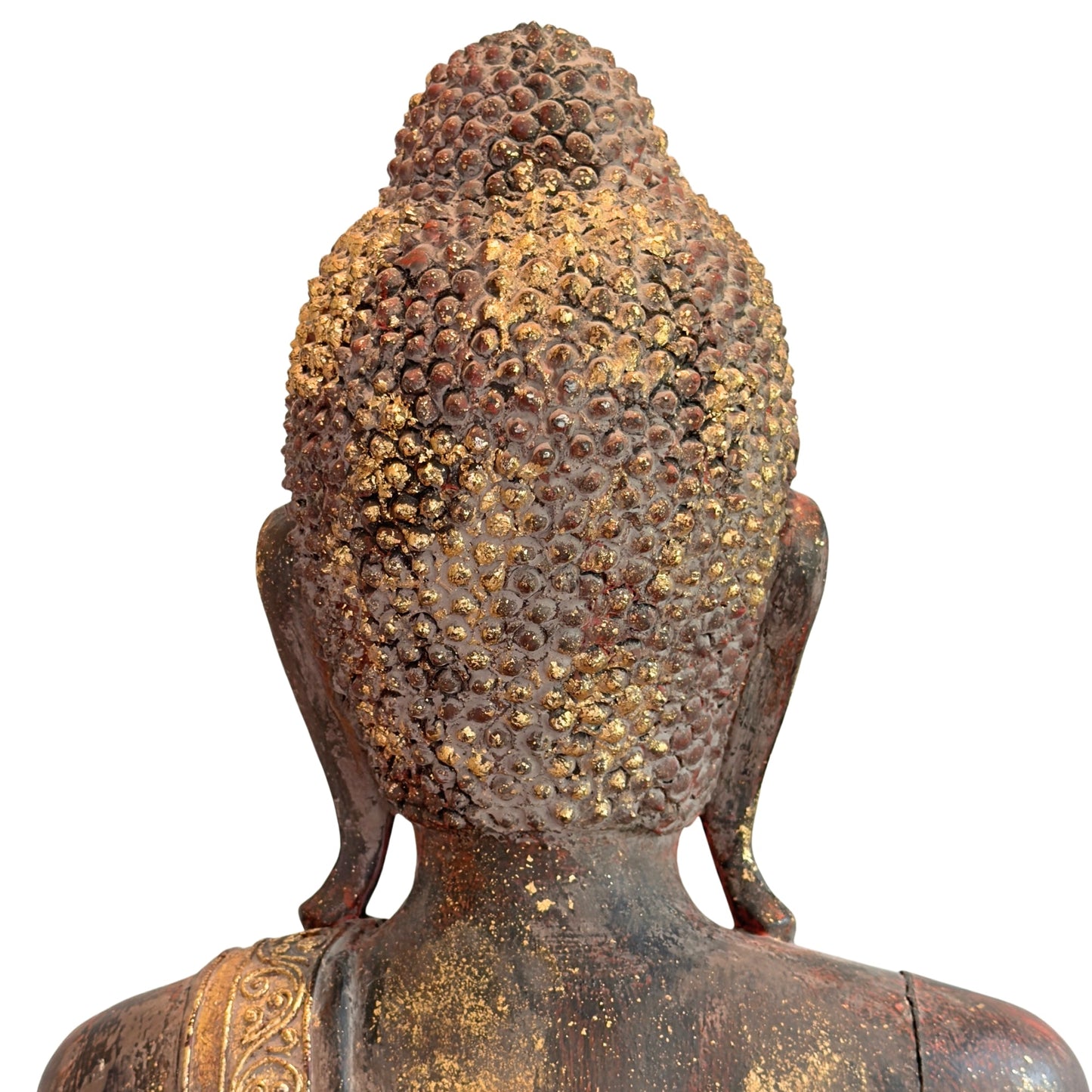Rear view showing surviving gilding on the antique Burmese standing Buddha