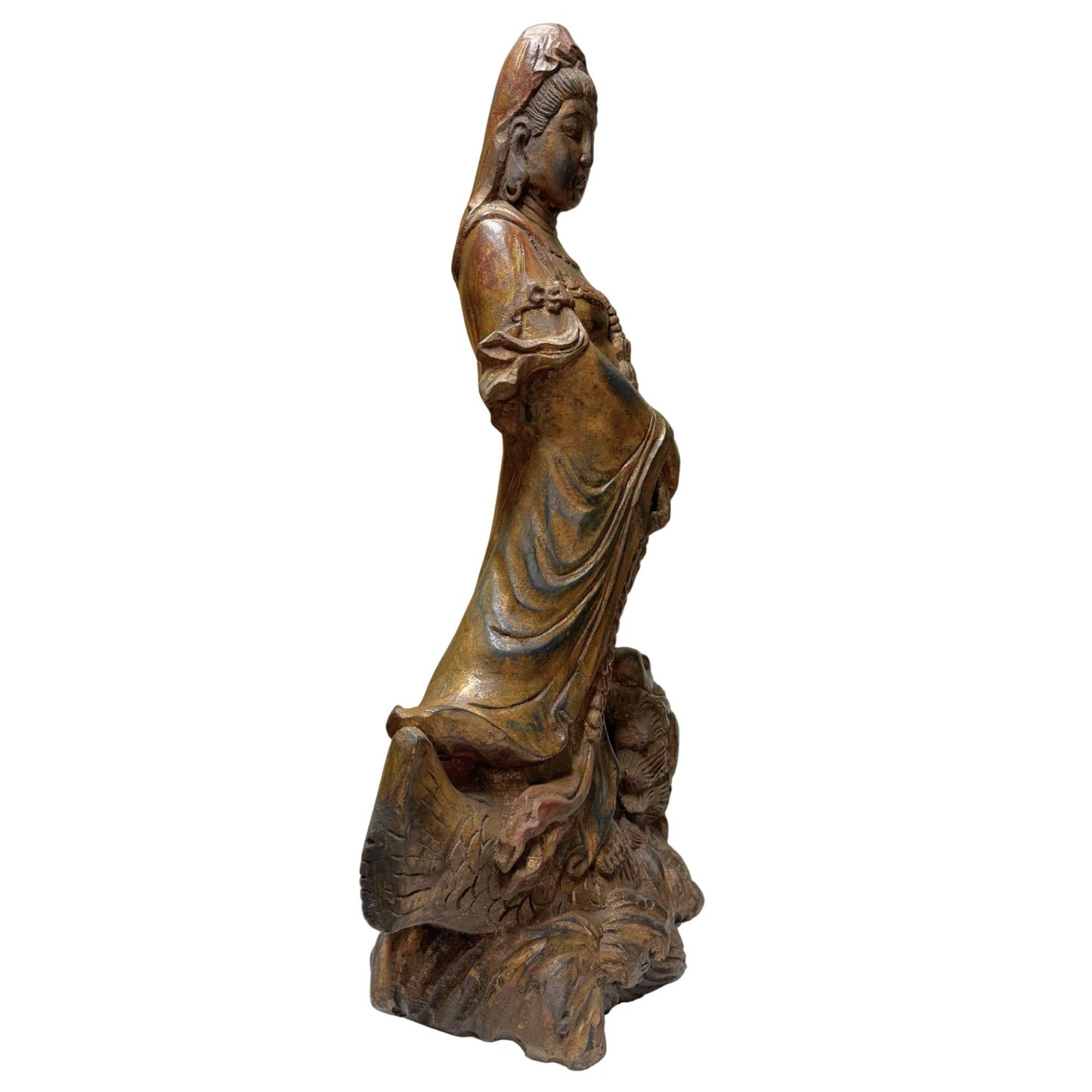 Chinees tempelbeeld hout Kwanyin bodhisattva draak antiek