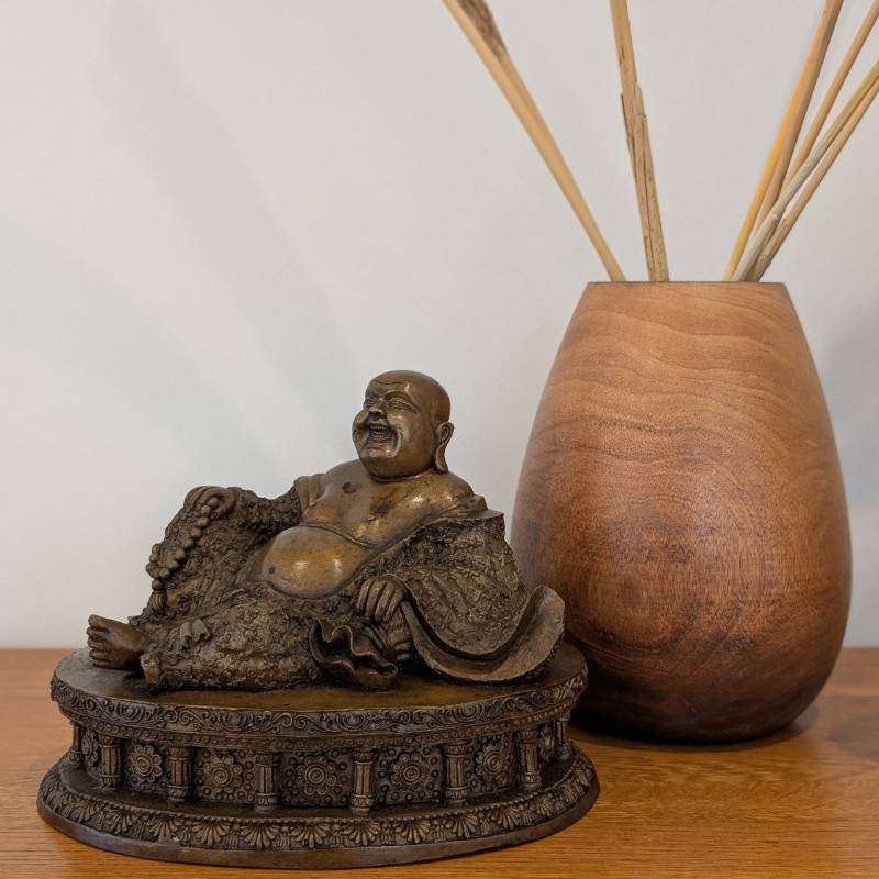 Chinese Bronze Budai – Laughing Buddha of Prosperity – close view of the central details