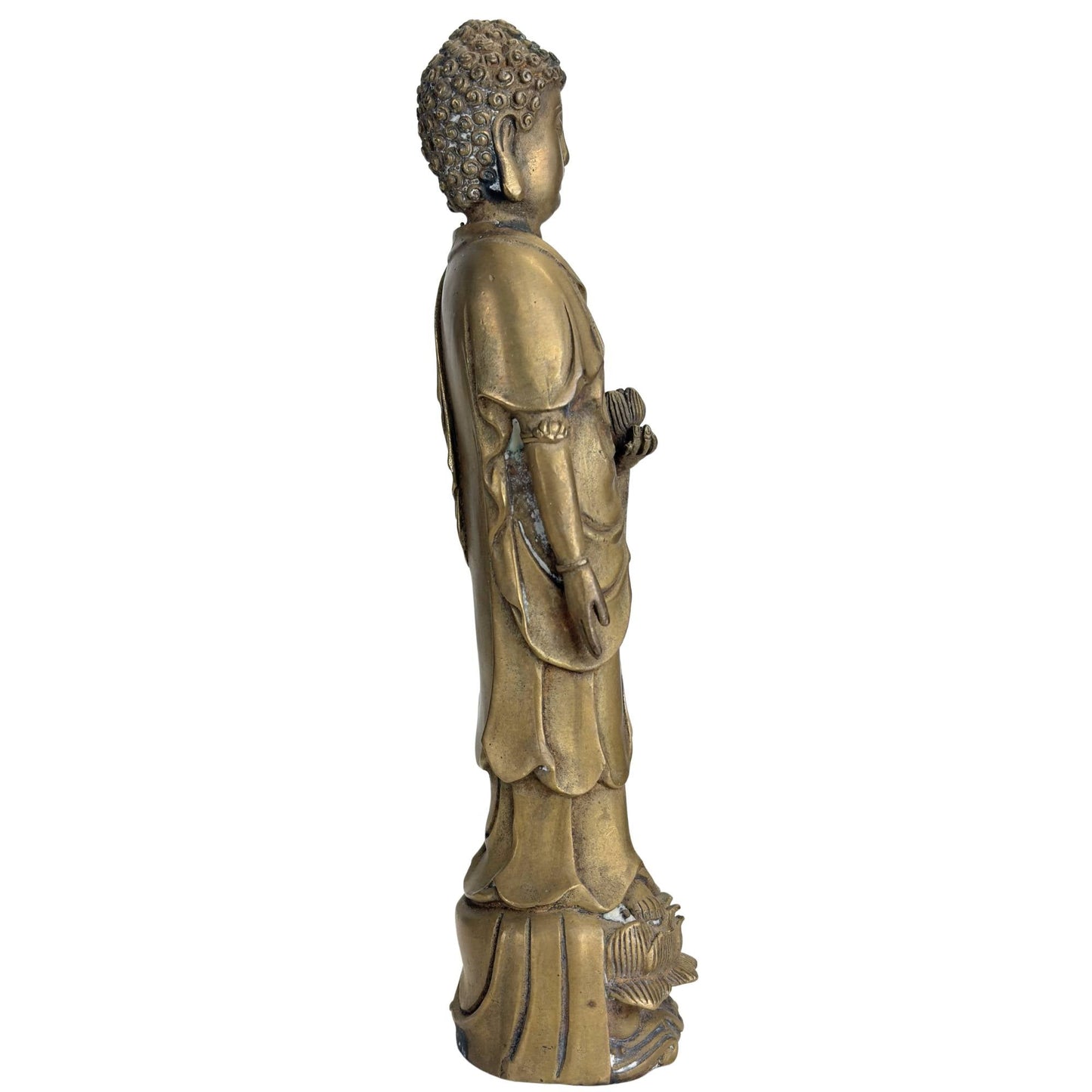 Chinese bronzen Boeddha met lotusknop en vloeiend gewaad, antiek boeddhistisch kunstobject