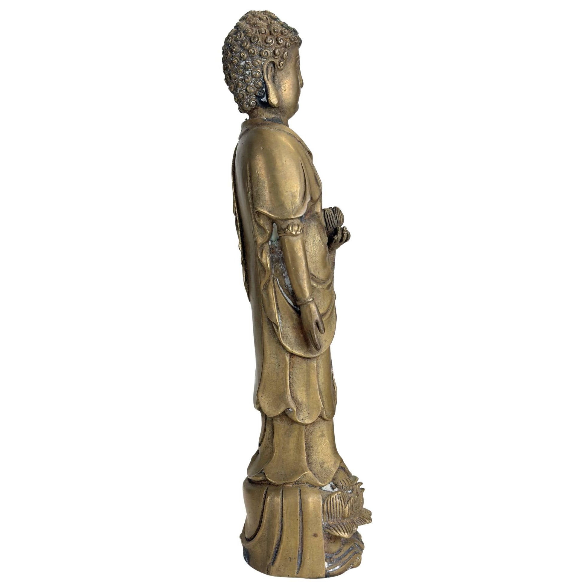 Chinese bronzen Boeddha met lotusknop en vloeiend gewaad, antiek boeddhistisch kunstobject
