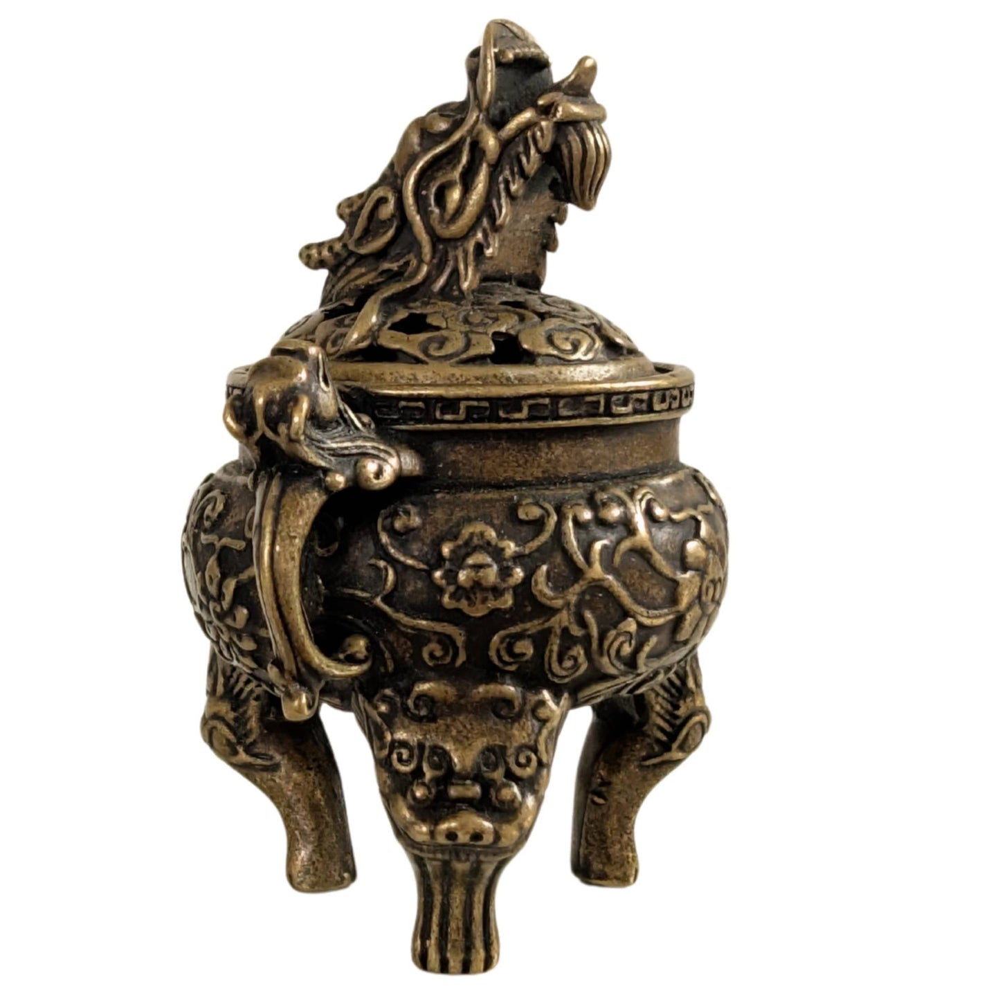 Kleine bronzen tripod censer met opengewerkt deksel en traditionele motieven.