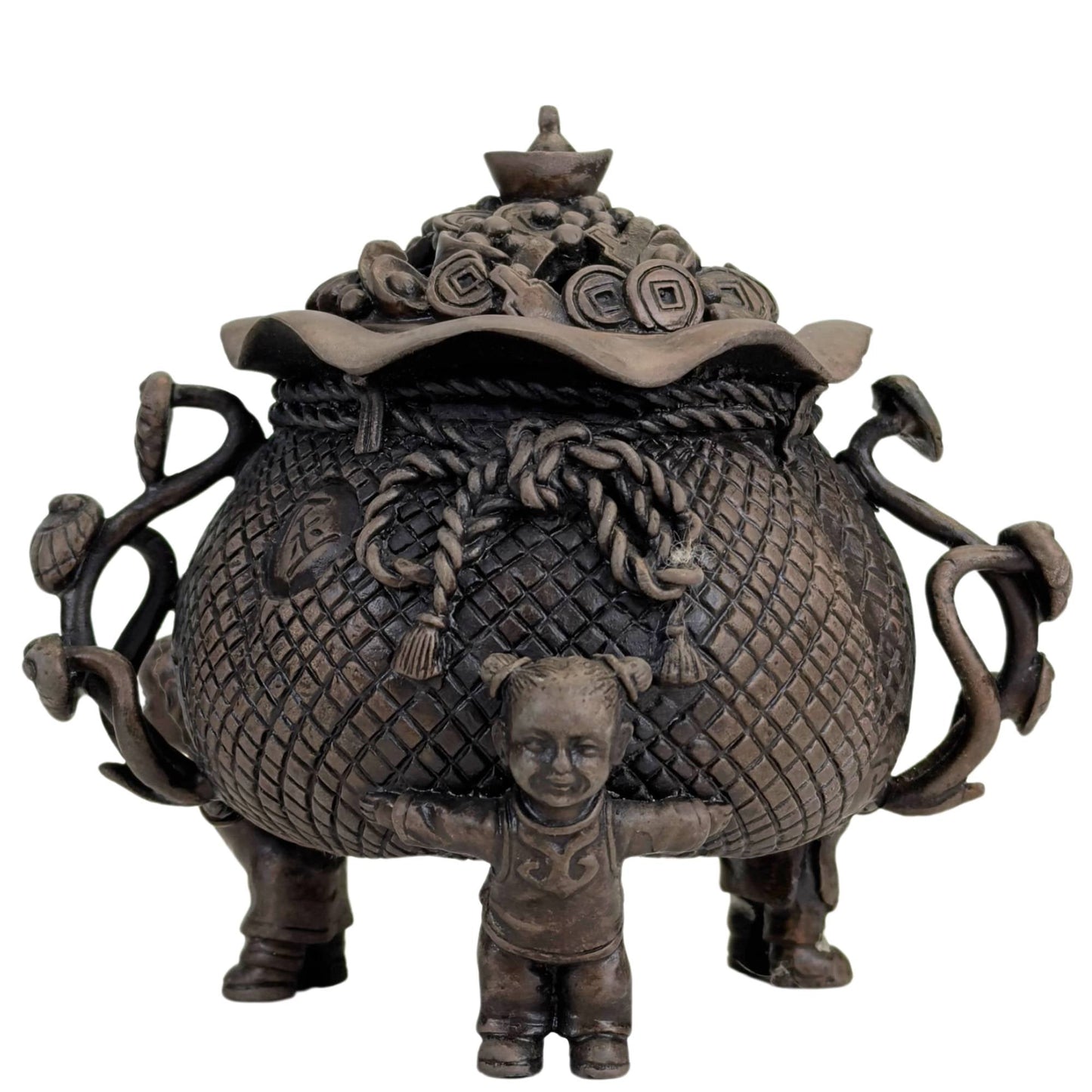 Chinese bronzen schatpot met drie kinderen en traditionele gelukssymbolen