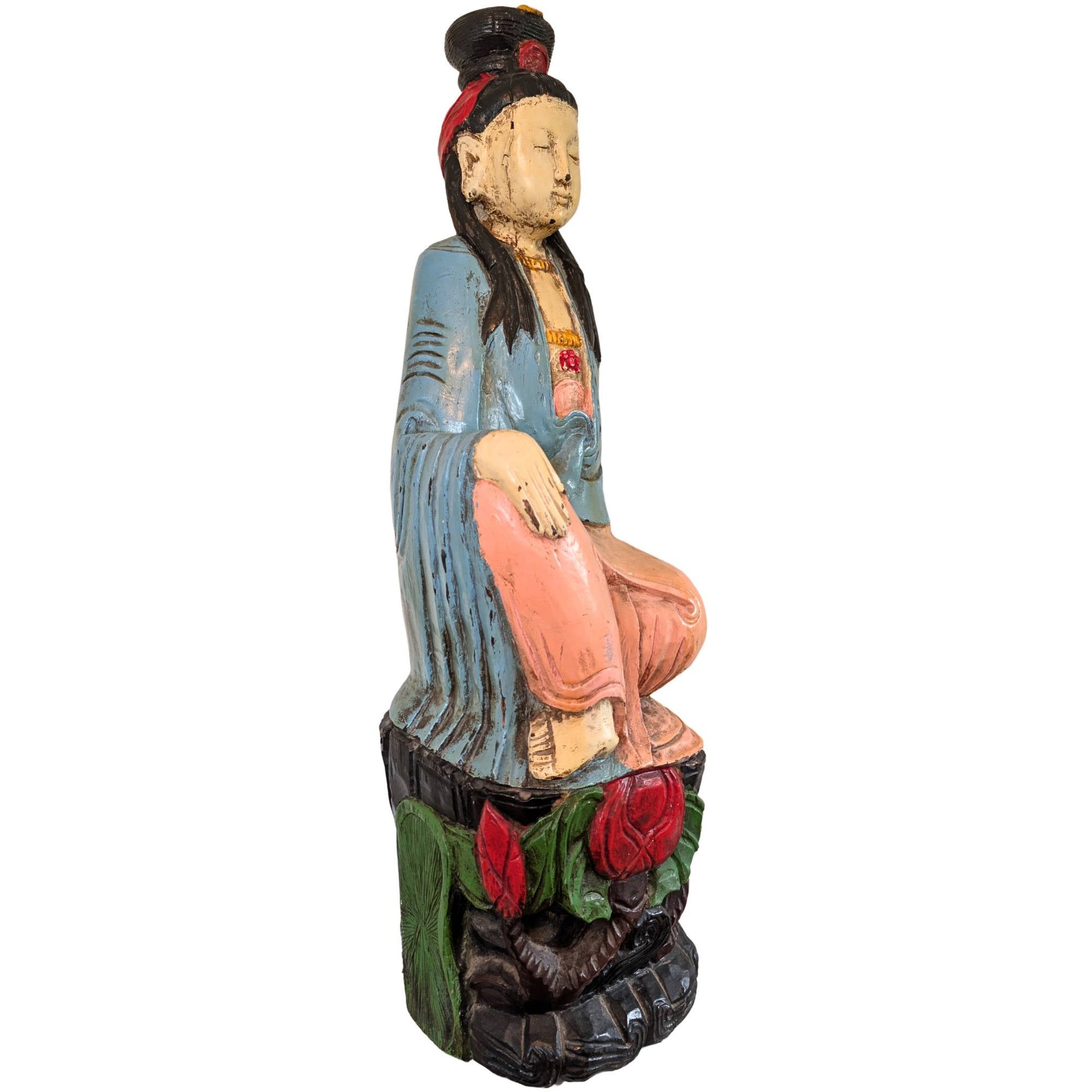 Chinees Kwanyin beeld van hout 88 cm met oude polychromie en gebruikssporen