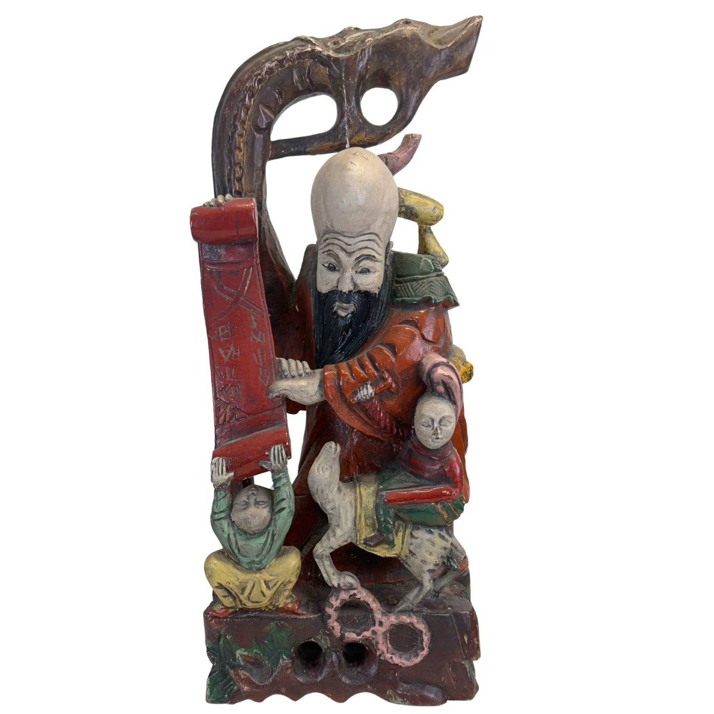 Monumentaal handgesneden Chinees teakwood sculptuur van Shoulao, de God van de Lang Levensduur, met traditionele Taoïstische symboliek.