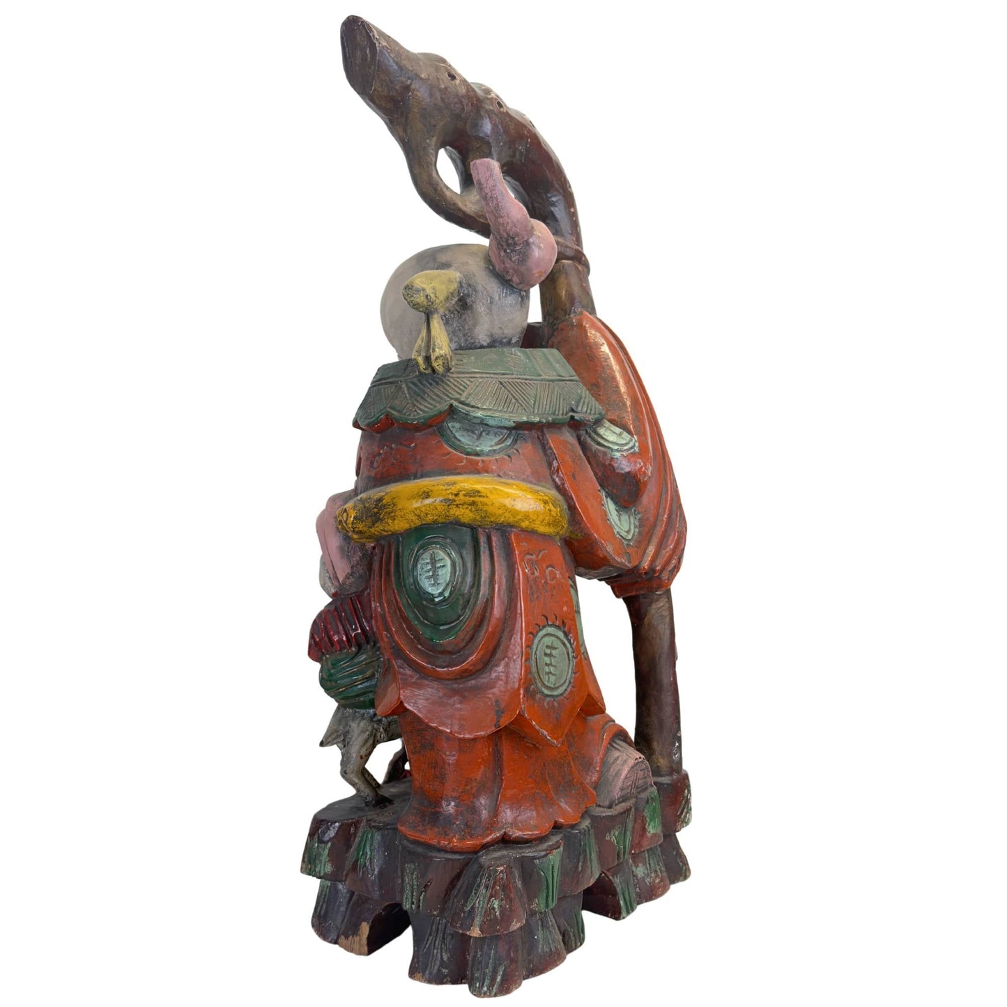 Detailopname van de achterzijde van de Shoulao-sculptuur, tonend de zorgvuldige afwerking en de rijke, donkerbruine patina.