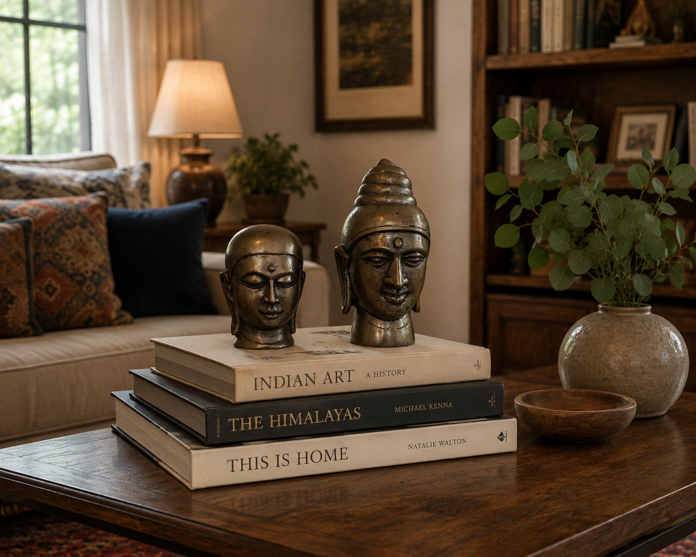 Detail van de bronzen Boeddha kop met focus op de ushnisha en serene gelaatstrek.