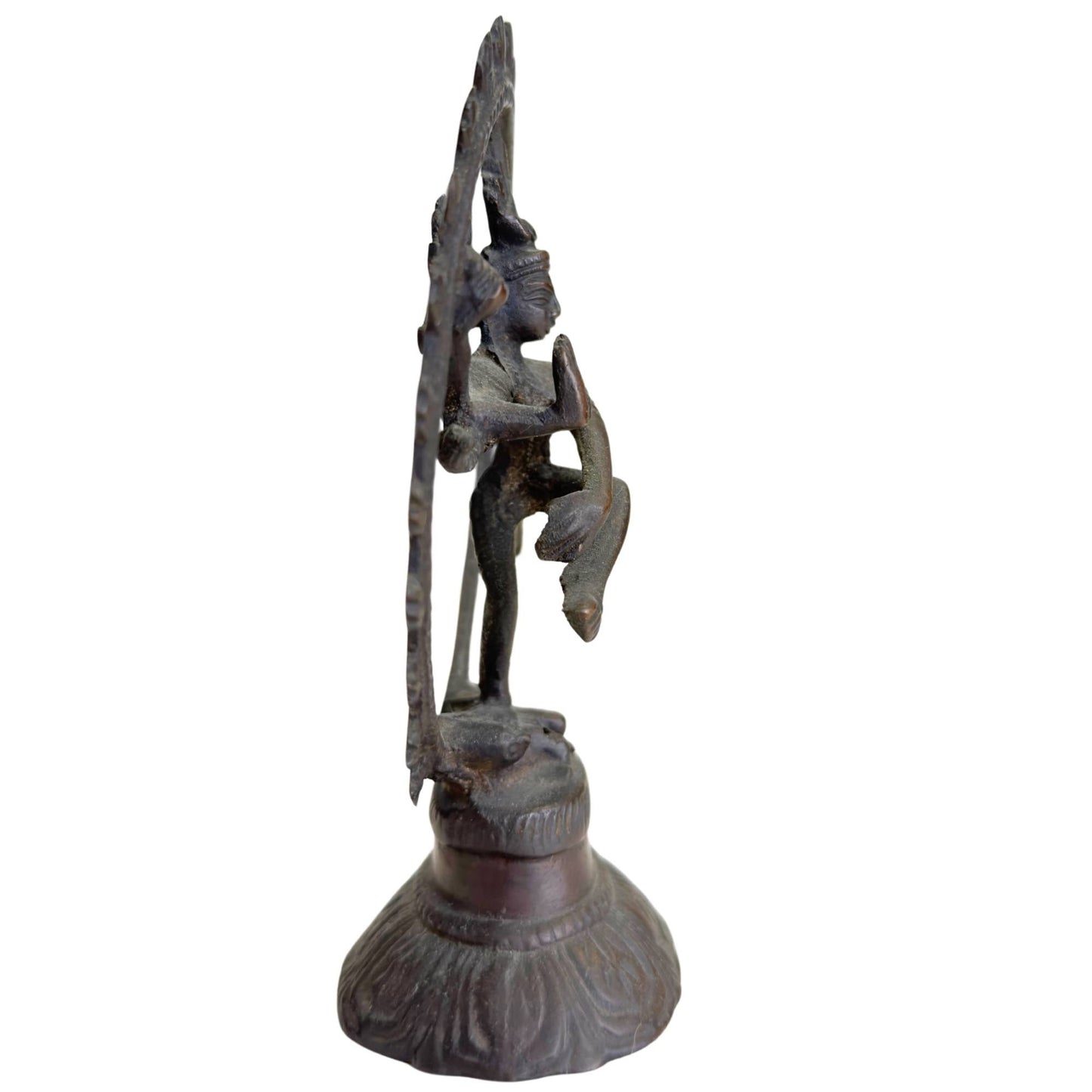Donker bronzen Shiva Nataraja beeldje met open vlammenring en spirituele uitstraling