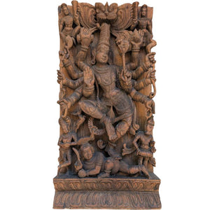 Muurdecoratie Antieke houten Durga wandpaneel – Zuid-India tempelreliëf – Lot 195