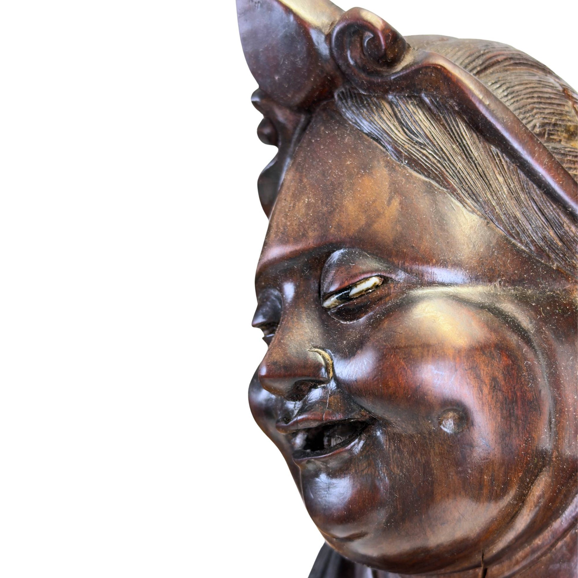 Antiek Japans Ebisu houtsnijwerk als talisman voor ondernemers