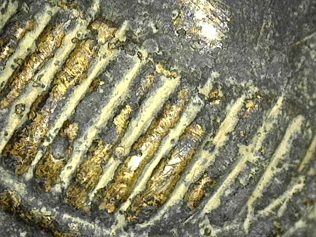 Close-up van de versteende gietkern rondom de gouden vulling, tonend de organische overgang en mineralisatie zonder moderne bindmiddelen.