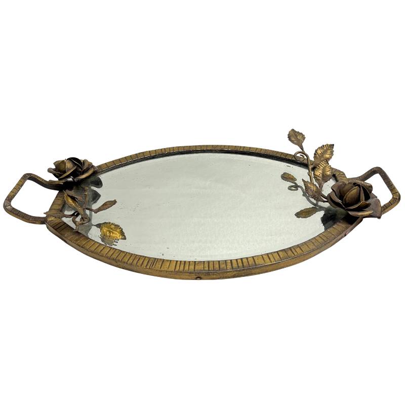 Ovaal bronzen dienblad met spiegelglas en florale decoraties uit Parijs
