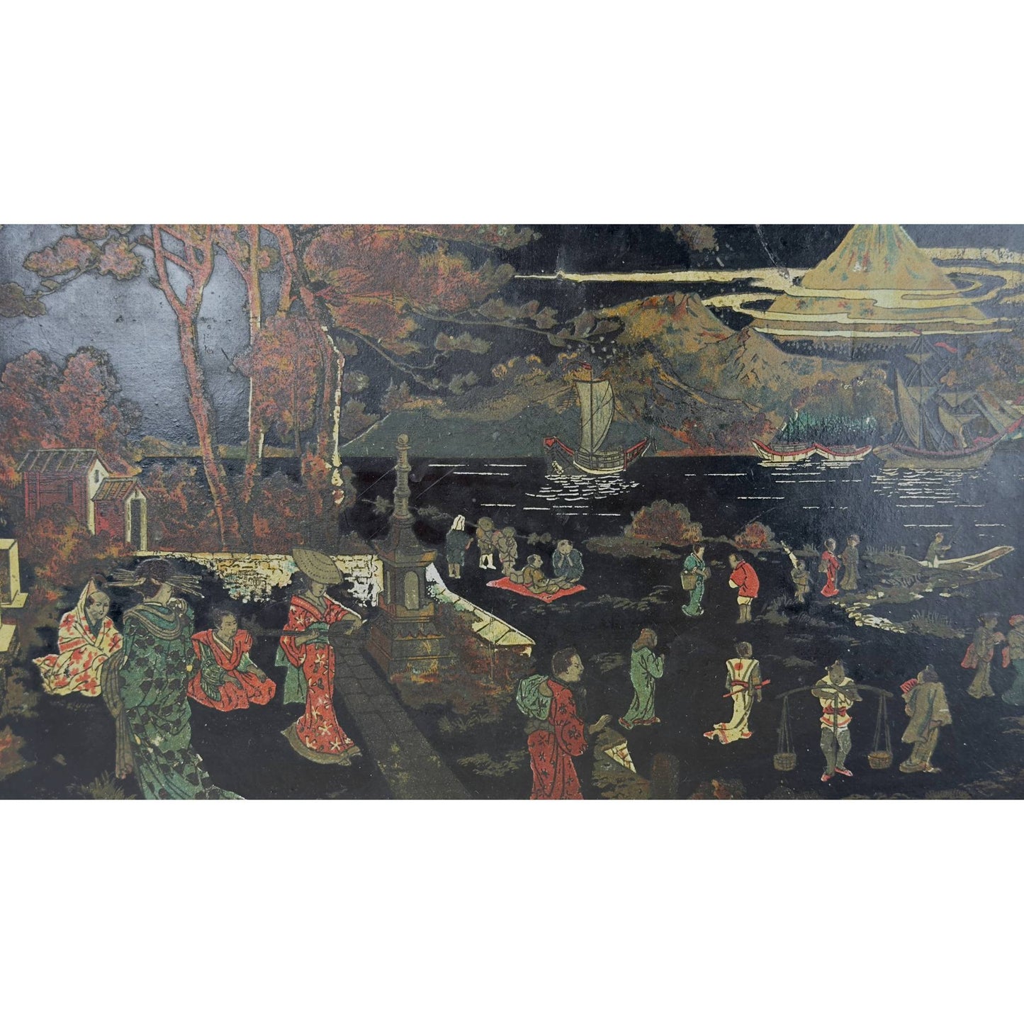 Detail van Japonisme landschap met figuren boten en Mount Fuji op antiek dienblad