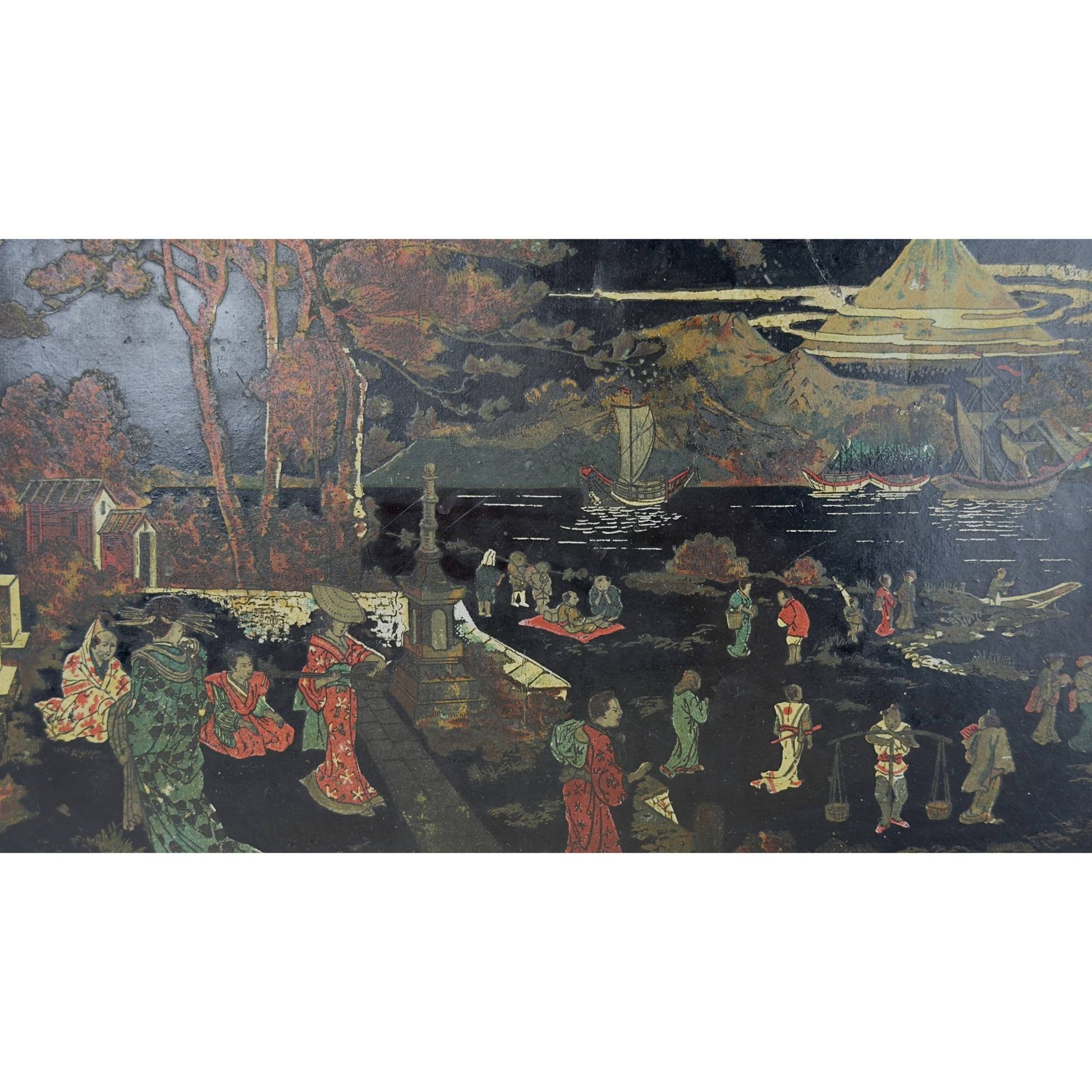 Detail van Japonisme landschap met figuren boten en Mount Fuji op antiek dienblad