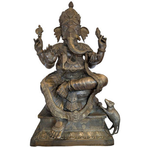 Ganesha in Lalitasana – vuurverguld bronzen tempelbeeld  (Nepal/India, traditioneel werk)