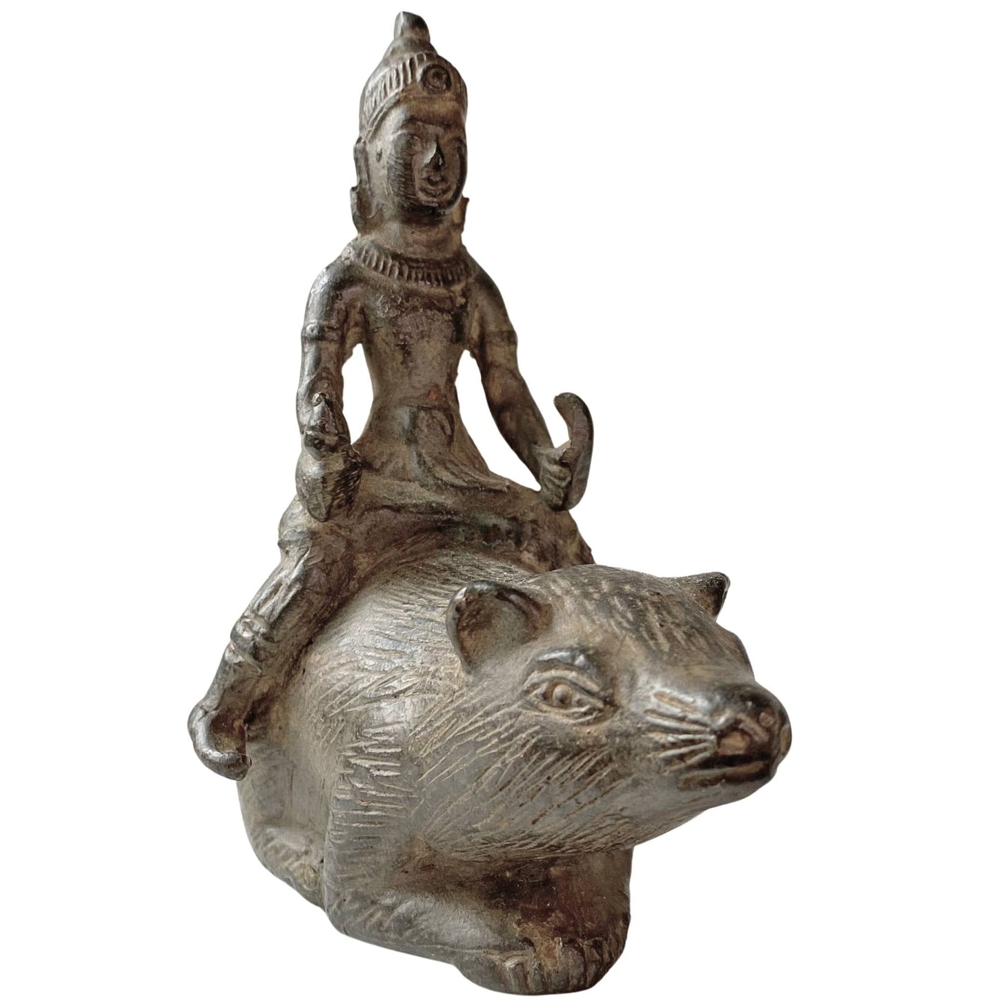 Ganesha gezeten op zijn rijdier de rat Mushika in antiek brons