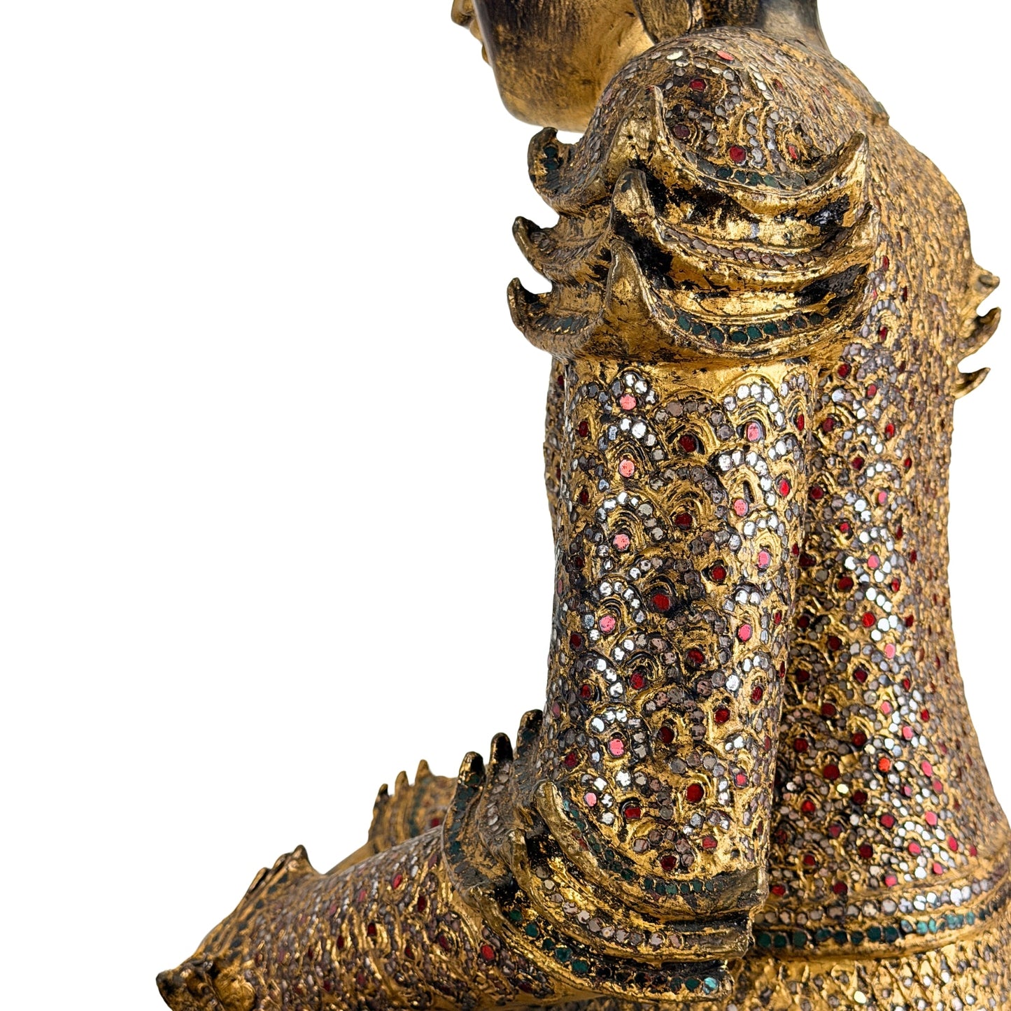 Gilt surface and age-related wear on the antique Burmese Mandalay Buddha