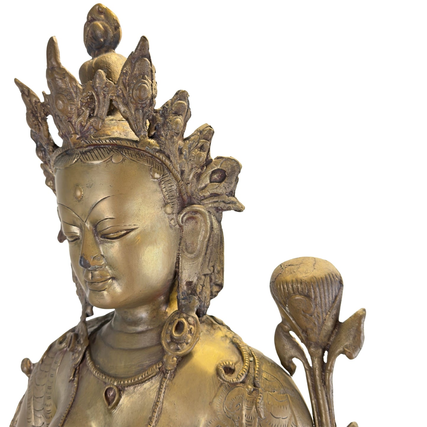 Serene face, crown and lotus detail of the antique Nepalese Green Tara