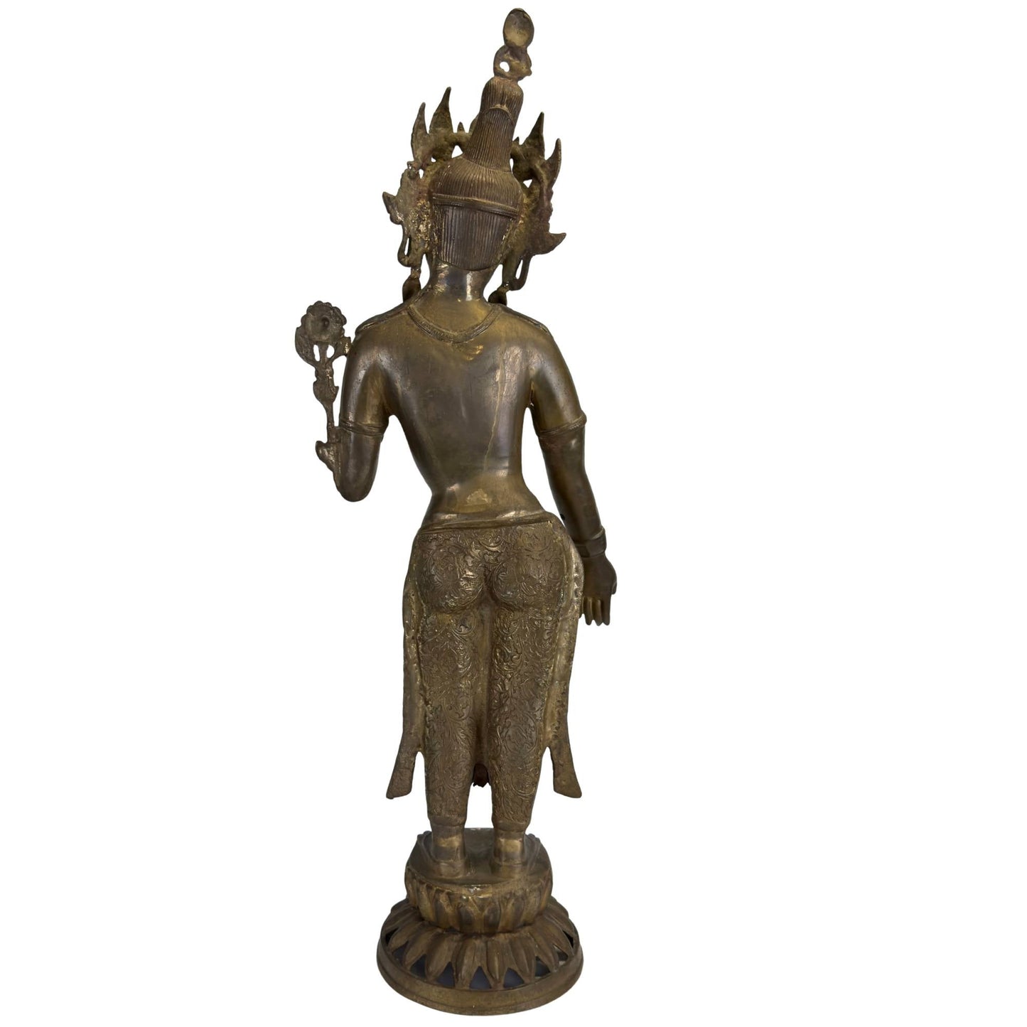 Achterzijde van een antieke vuurvergulde Groene Tara met verfijnde Nepalese graveringen.