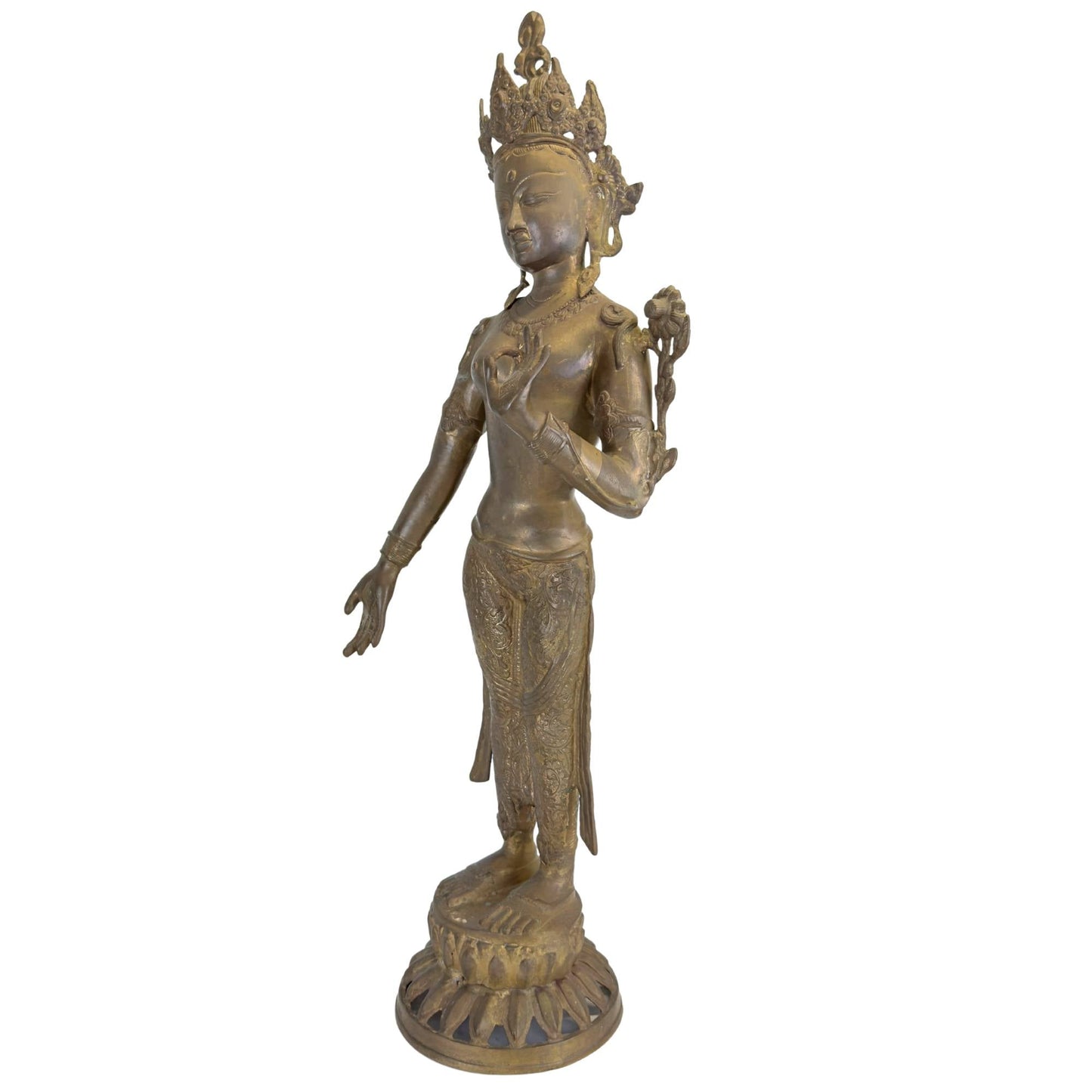 Detail van de buste van een antieke Groene Tara met lotus, kroon en originele vuurvergulding.