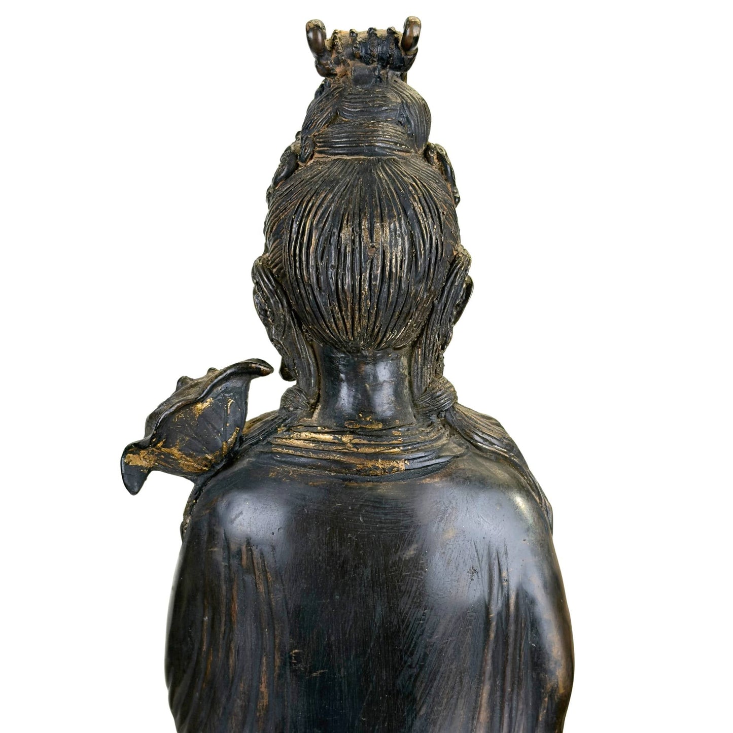Groot bronzen Guanyin beeld met draakvis en watermotieven, 64 cm hoog en 16 kg zwaar
