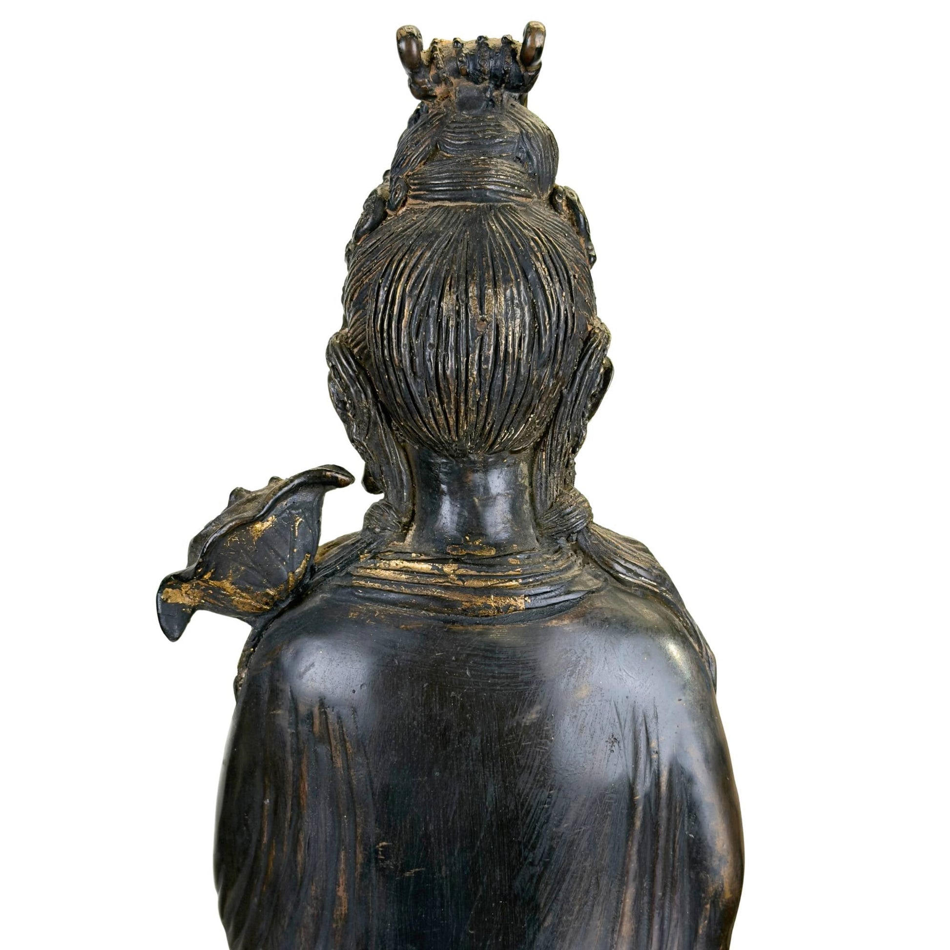 Groot bronzen Guanyin beeld met draakvis en watermotieven, 64 cm hoog en 16 kg zwaar