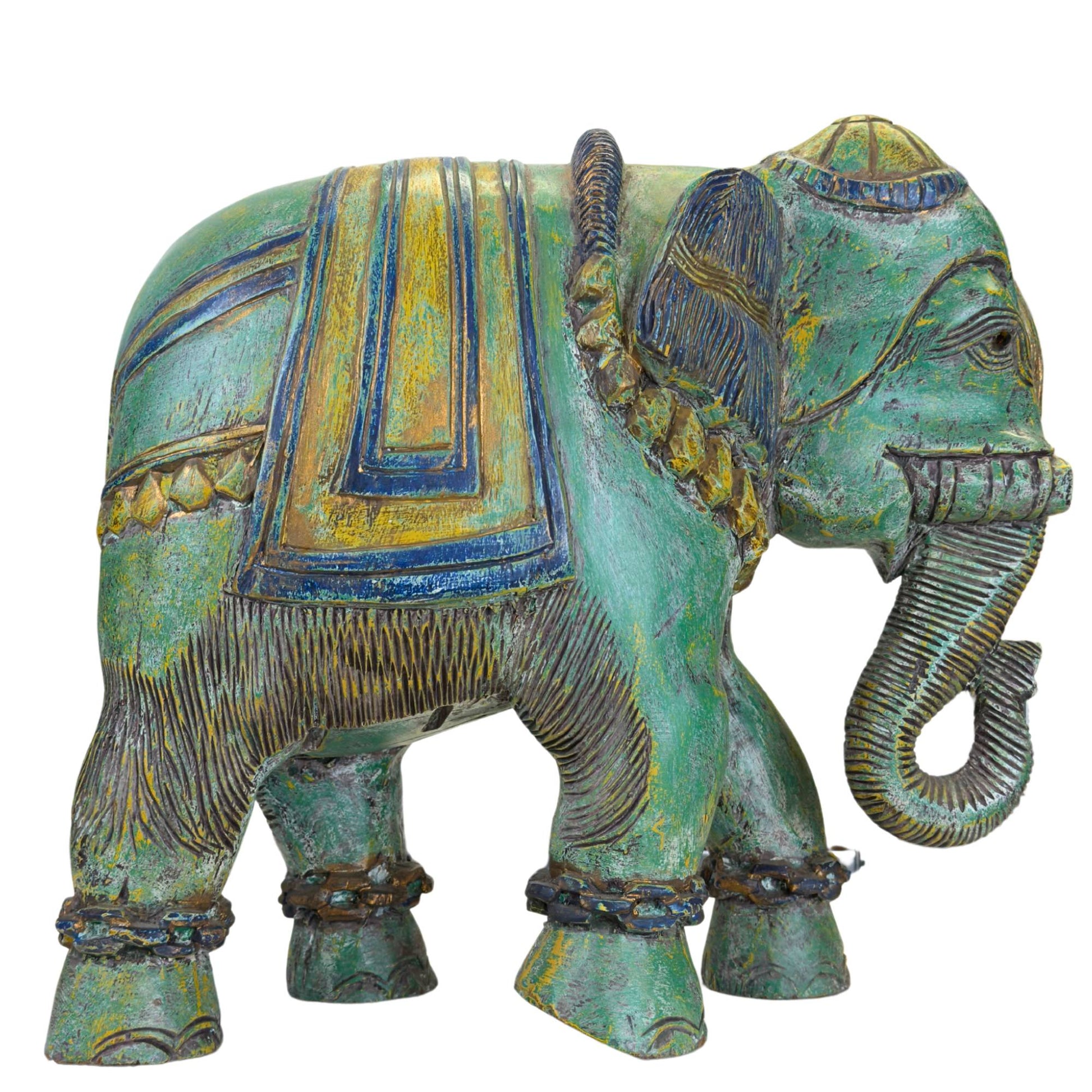 Grote handgemaakte houten olifant uit India met traditionele ornamenten