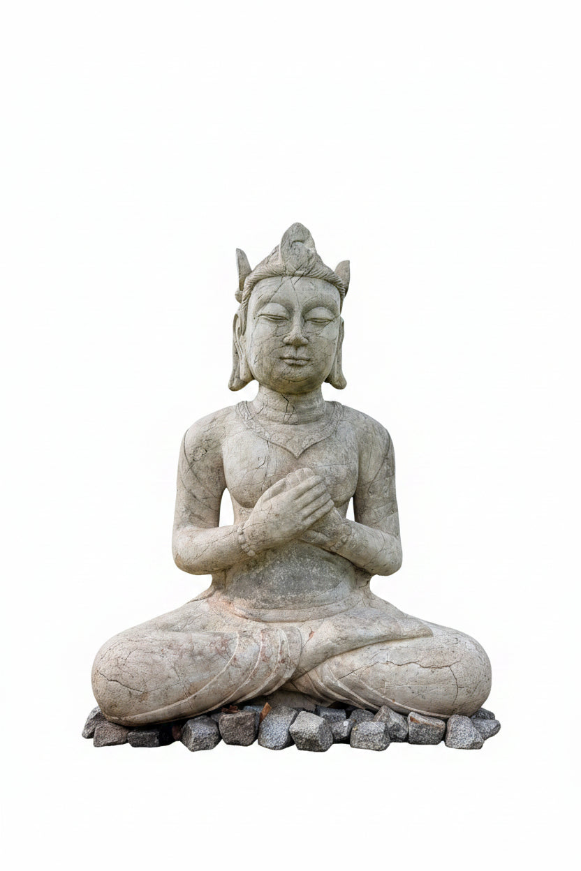 Grote Indonesische tempelfiguur met gevouwen handen en kroon