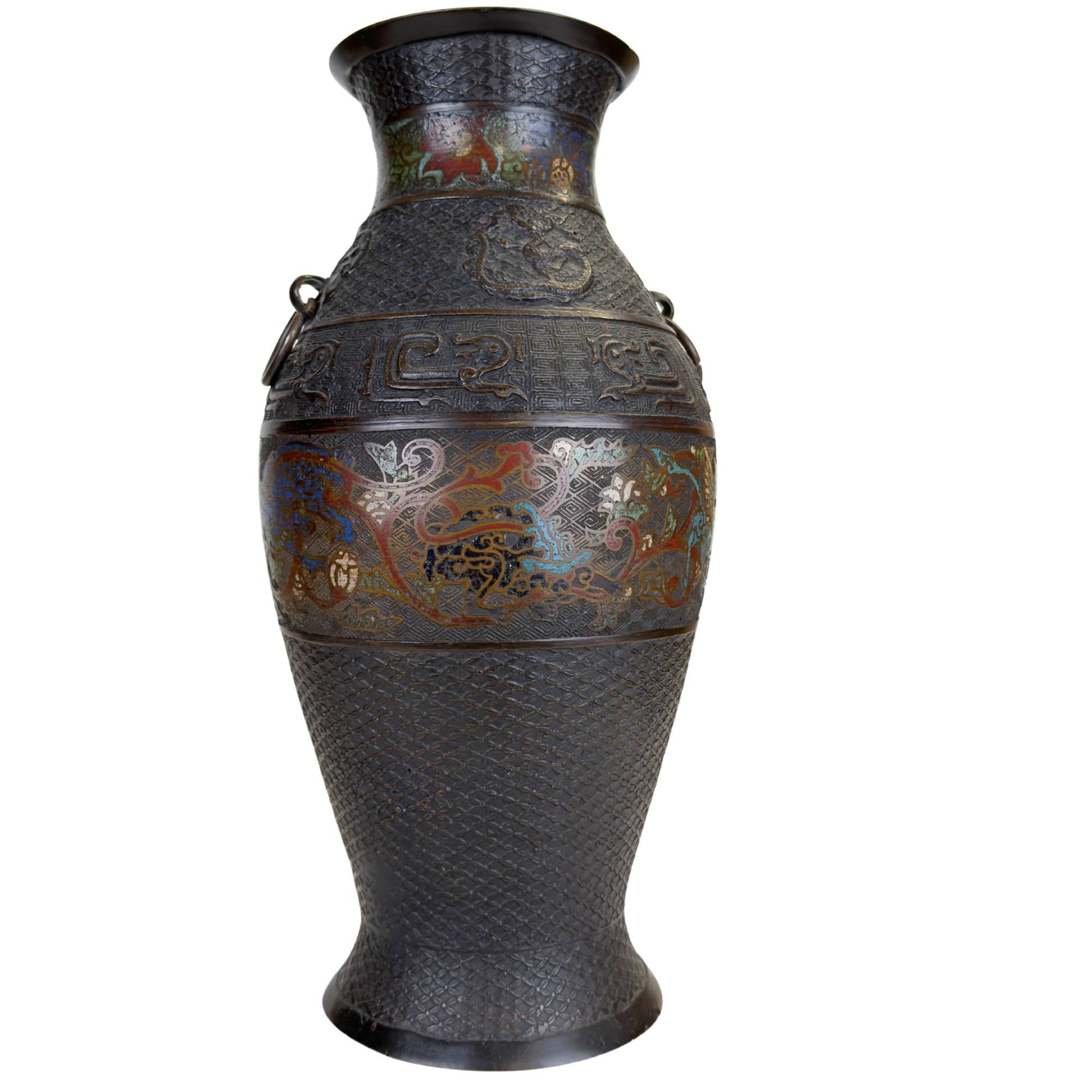 Grote Japanse bronzen vaas met champlevé emaille, donkere patina en decoratieve band met Oost-Aziatische fabeldieren
