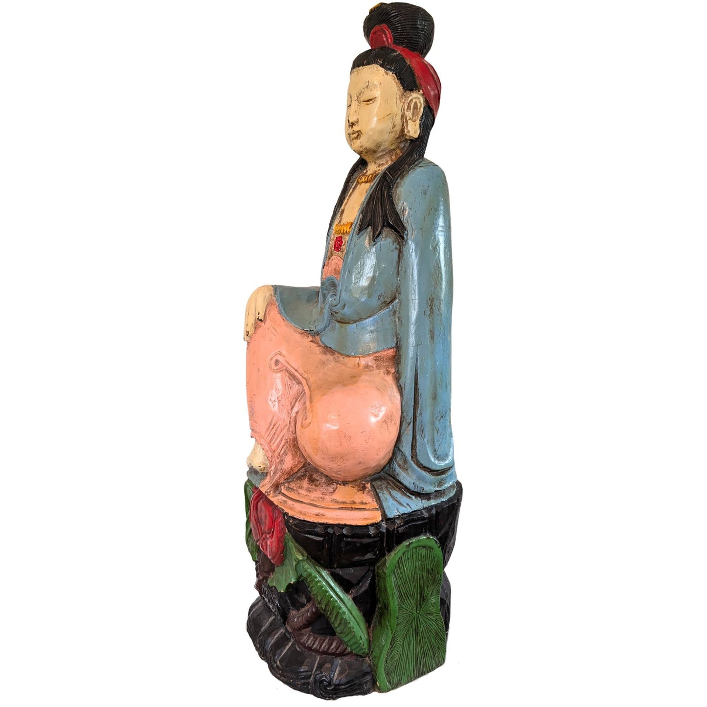 Grote houten Kwanyin sculptuur uit China met karakter