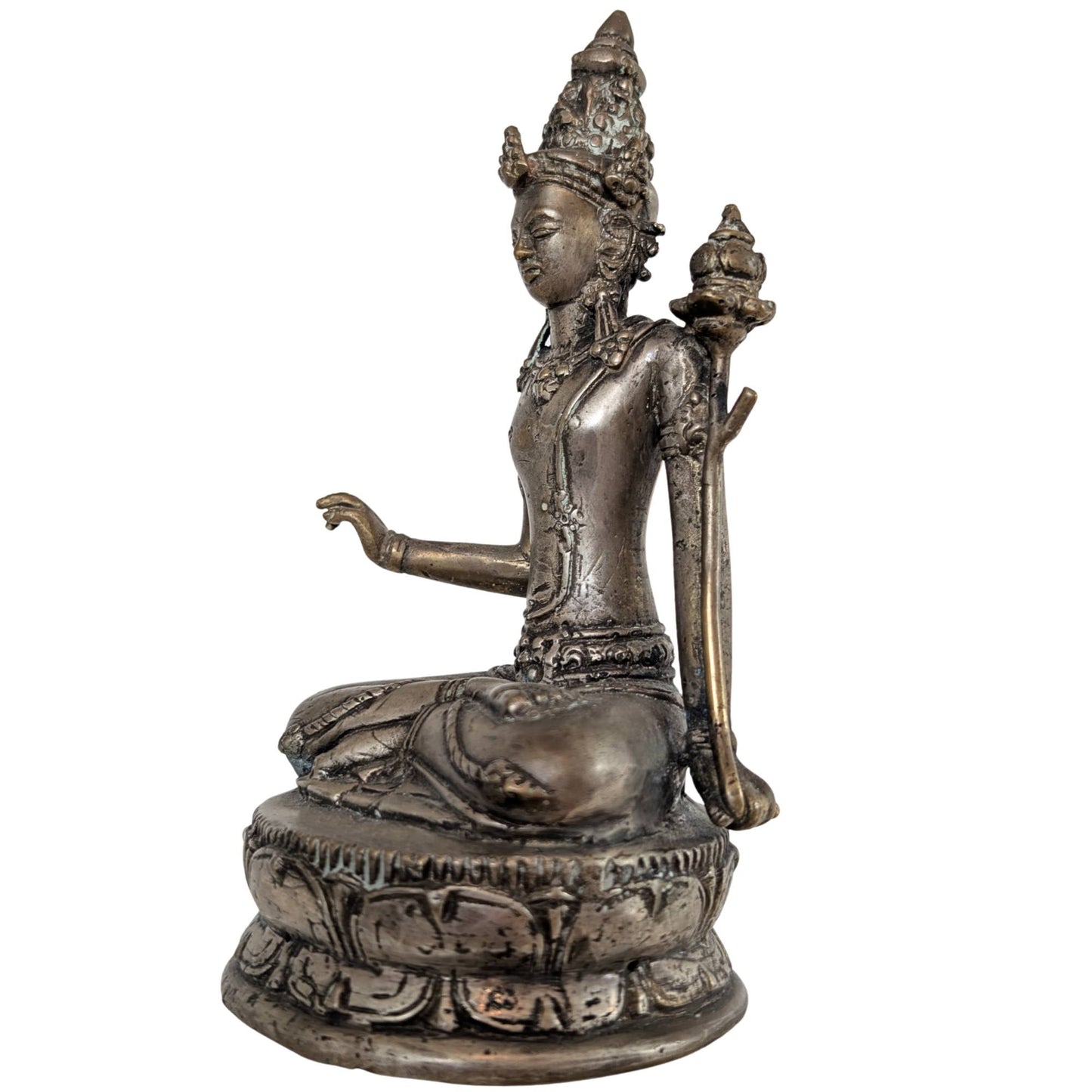 Detail van het gezicht toont de zilverachtige patina en de meditatieve uitstraling.