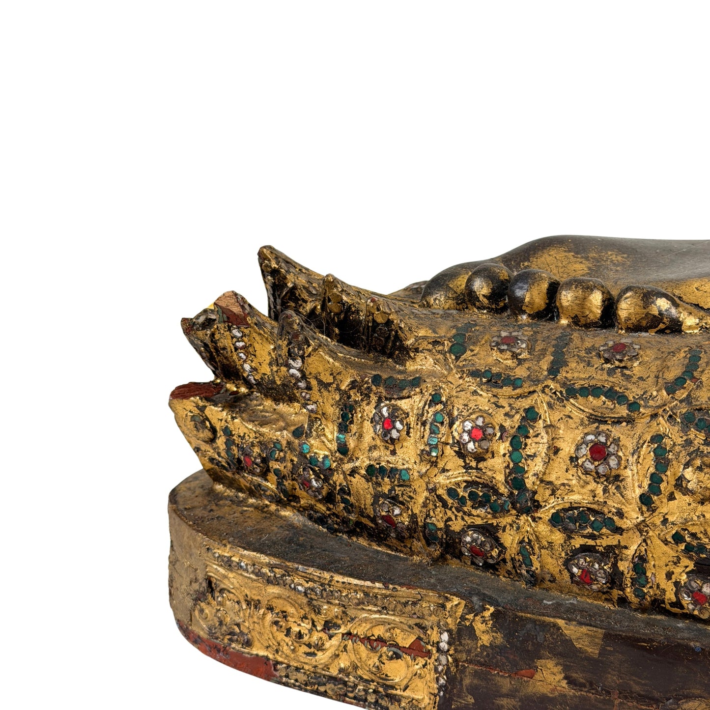 Hand-carved teak detail on the antique Burmese Buddha from Myanmar