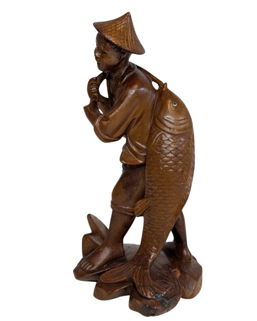 Handgesneden houten visser sculptuur Aziatische volkskunst