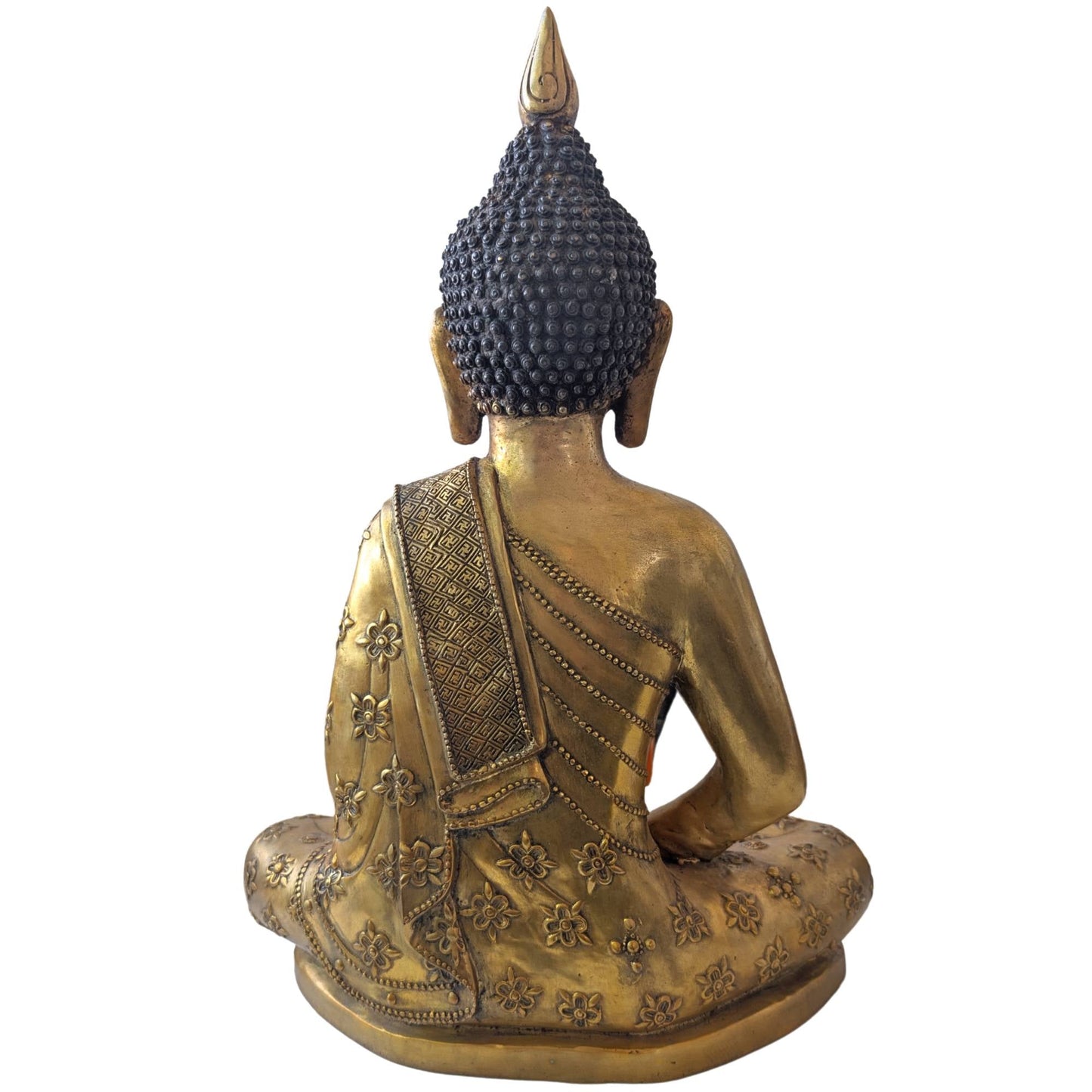 Handmatig verfijnde bloemdecoraties in hoogreliëf op een zwaar uitgevoerd Tibet Buddha beeld.